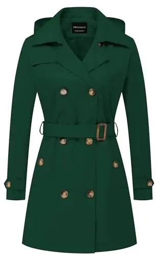 CREATMO US Women's Trench Coat Double-Breasted Classic Lapel Overcoat Belted Slim Outerwear Coat with Detachable Hood - 1