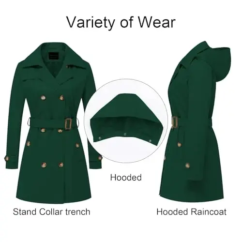 CREATMO US Women's Trench Coat Double-Breasted Classic Lapel Overcoat Belted Slim Outerwear Coat with Detachable Hood - 3