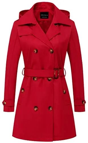CREATMO US Women's Trench Coat Double-Breasted Classic Lapel Overcoat Belted Slim Outerwear Coat with Detachable Hood - CREATMO