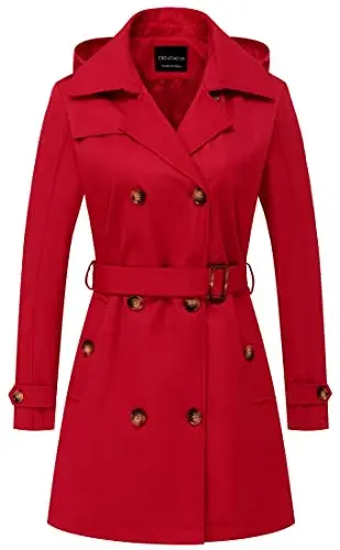 CREATMO US Women's Trench Coat Double-Breasted Classic Lapel Overcoat Belted Slim Outerwear Coat with Detachable Hood - 1