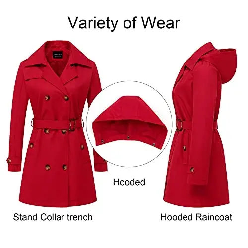 CREATMO US Women's Trench Coat Double-Breasted Classic Lapel Overcoat Belted Slim Outerwear Coat with Detachable Hood - 3