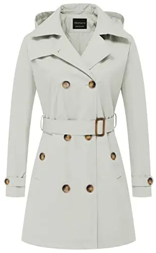 CREATMO US Women's Trench Coat Double-Breasted Classic Lapel Overcoat Belted Slim Outerwear Coat with Detachable Hood - 1