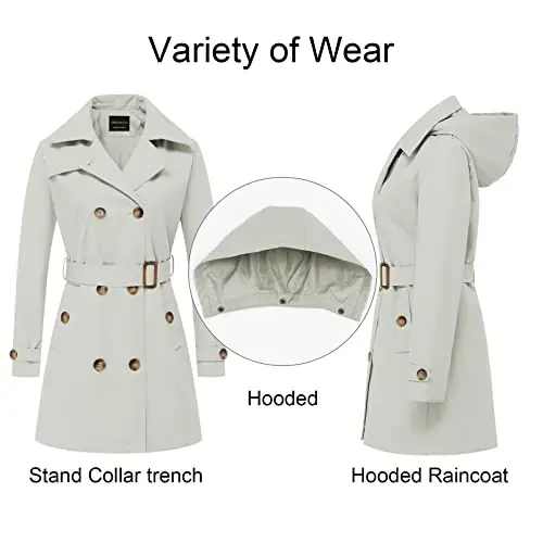 CREATMO US Women's Trench Coat Double-Breasted Classic Lapel Overcoat Belted Slim Outerwear Coat with Detachable Hood - 3
