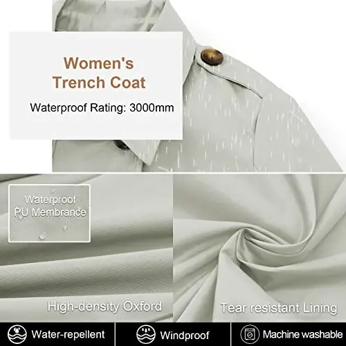 CREATMO US Women's Trench Coat Double-Breasted Classic Lapel Overcoat Belted Slim Outerwear Coat with Detachable Hood - 4
