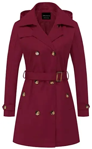 CREATMO US Women's Trench Coat Double-Breasted Classic Lapel Overcoat Belted Slim Outerwear Coat with Detachable Hood - 1