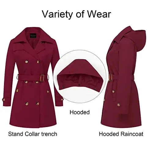 CREATMO US Women's Trench Coat Double-Breasted Classic Lapel Overcoat Belted Slim Outerwear Coat with Detachable Hood - 3