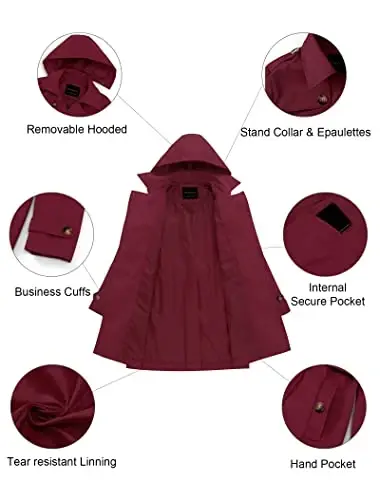 CREATMO US Women's Trench Coat Double-Breasted Classic Lapel Overcoat Belted Slim Outerwear Coat with Detachable Hood - 5