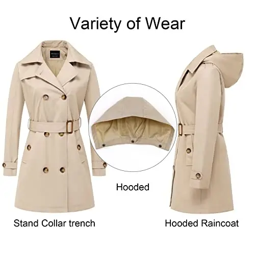 CREATMO US Women's Trench Coat Double-Breasted Classic Lapel Overcoat Belted Slim Outerwear Coat with Detachable Hood - 3