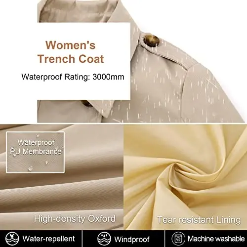 CREATMO US Women's Trench Coat Double-Breasted Classic Lapel Overcoat Belted Slim Outerwear Coat with Detachable Hood - 4