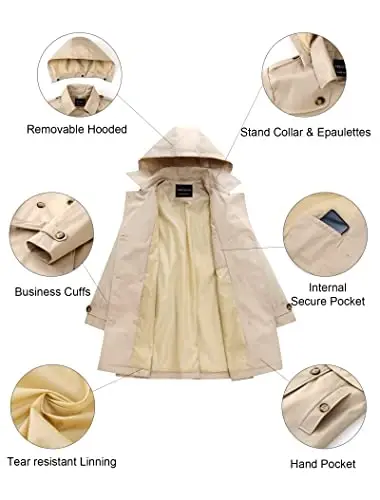 CREATMO US Women's Trench Coat Double-Breasted Classic Lapel Overcoat Belted Slim Outerwear Coat with Detachable Hood - 5
