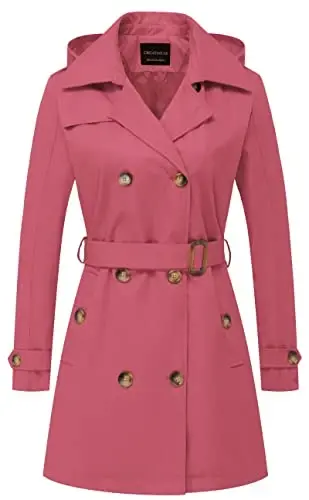 CREATMO US Women's Trench Coat Double-Breasted Classic Lapel Overcoat Belted Slim Outerwear Coat with Detachable Hood - 1