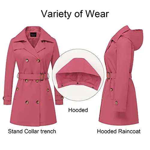 CREATMO US Women's Trench Coat Double-Breasted Classic Lapel Overcoat Belted Slim Outerwear Coat with Detachable Hood - 3