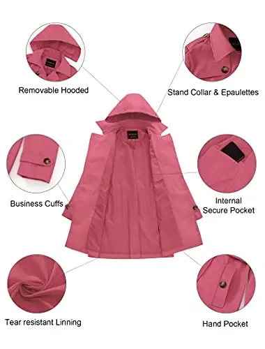 CREATMO US Women's Trench Coat Double-Breasted Classic Lapel Overcoat Belted Slim Outerwear Coat with Detachable Hood - 5