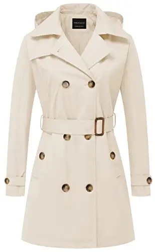 CREATMO US Women's Trench Coat Double-Breasted Classic Lapel Overcoat Belted Slim Outerwear Coat with Detachable Hood - 1