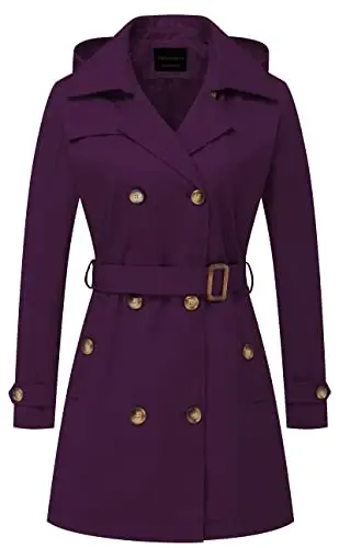 CREATMO US Women's Trench Coat Double-Breasted Classic Lapel Overcoat Belted Slim Outerwear Coat with Detachable Hood - 1
