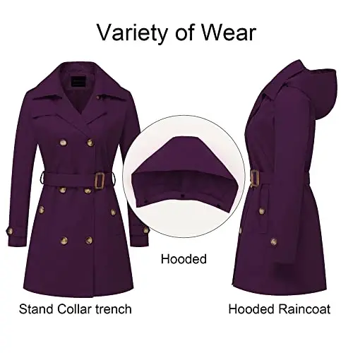CREATMO US Women's Trench Coat Double-Breasted Classic Lapel Overcoat Belted Slim Outerwear Coat with Detachable Hood - 3