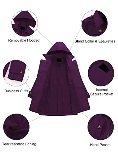 CREATMO US Women's Trench Coat Double-Breasted Classic Lapel Overcoat Belted Slim Outerwear Coat with Detachable Hood - 5