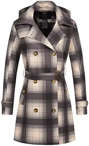 CREATMO US Women's Trench Coat Double-Breasted Classic Lapel Overcoat Belted Slim Outerwear Coat with Detachable Hood - 1