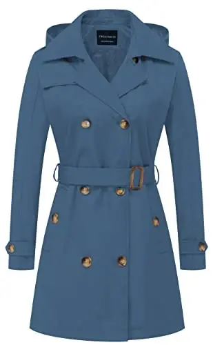 CREATMO US Women's Trench Coat Double-Breasted Classic Lapel Overcoat Belted Slim Outerwear Coat with Detachable Hood - 1