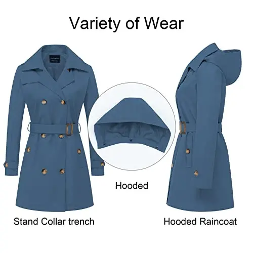 CREATMO US Women's Trench Coat Double-Breasted Classic Lapel Overcoat Belted Slim Outerwear Coat with Detachable Hood - 3