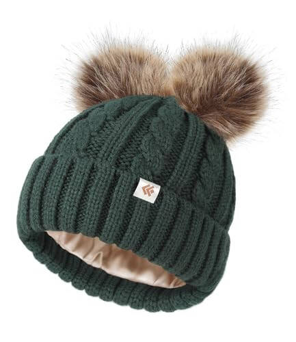 Creekstone Satin Lined Winter Beanie Hats for Women Girls, Warm Knit Hats with Faux Fur Double Pom Pom Ears - 14