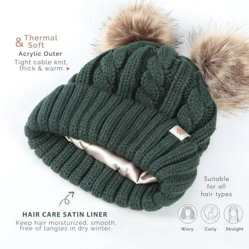 Creekstone Satin Lined Winter Beanie Hats for Women Girls, Warm Knit Hats with Faux Fur Double Pom Pom Ears - 16