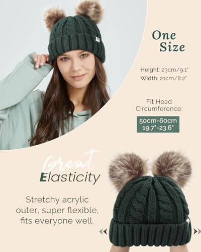 Creekstone Satin Lined Winter Beanie Hats for Women Girls, Warm Knit Hats with Faux Fur Double Pom Pom Ears - 17