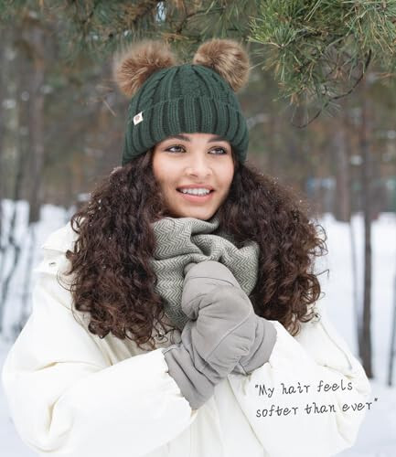 Creekstone Satin Lined Winter Beanie Hats for Women Girls, Warm Knit Hats with Faux Fur Double Pom Pom Ears - 19