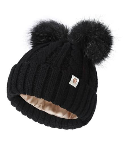 Creekstone Satin Lined Winter Beanie Hats for Women Girls, Warm Knit Hats with Faux Fur Double Pom Pom Ears - 7