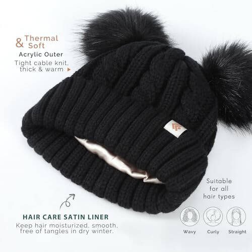 Creekstone Satin Lined Winter Beanie Hats for Women Girls, Warm Knit Hats with Faux Fur Double Pom Pom Ears - 9