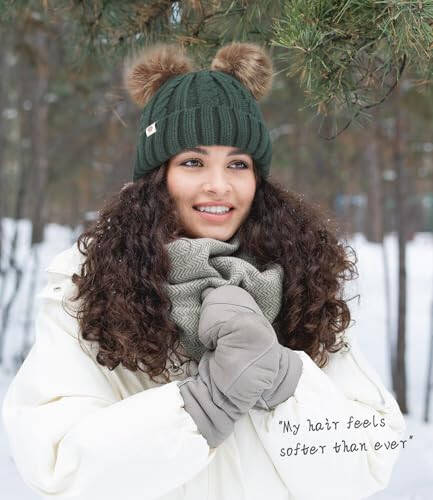 Creekstone Satin Lined Winter Beanie Hats for Women Girls, Warm Knit Hats with Faux Fur Double Pom Pom Ears - 6