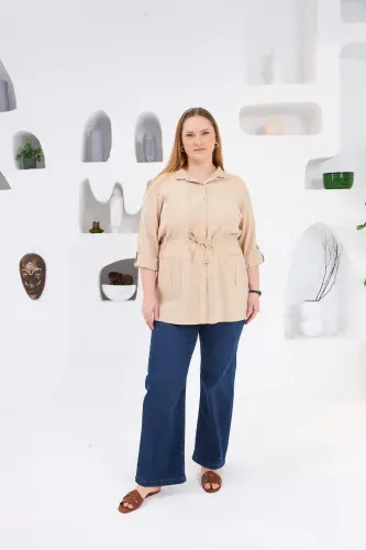 Crem Bel Bağcıklı Cep Detaylı Büyük Beden Ceket - 3