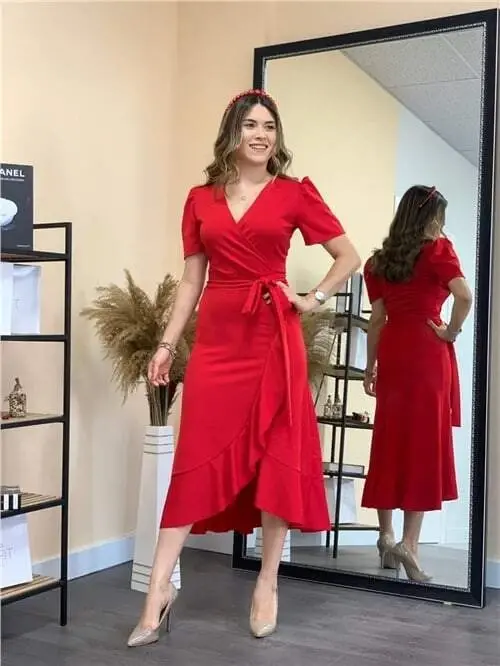 Crep Kumaş Midi Elbise - Kırmızı - 4