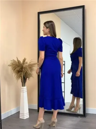 Crep matodan midi ko'ylak - Moviy Saks - 3