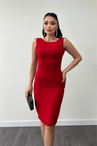 Crepe Back Bead Detailed Pencil Dress - RED - 3