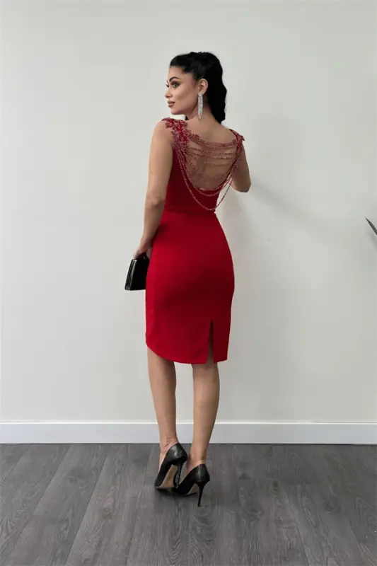 Crepe Back Bead Detailed Pencil Dress - RED - 5