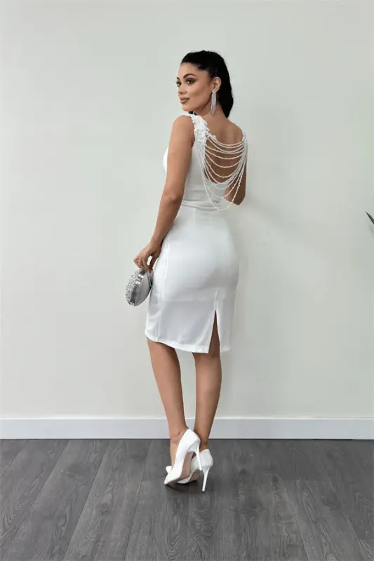 Crepe Fabric Back Bead Detail Pencil Dress - WHITE - 5