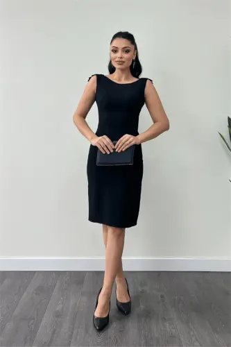 Crepe Fabric Back Beaded Pencil Dress - BLACK - 5