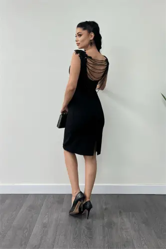 Crepe Fabric Back Beaded Pencil Dress - BLACK - 8