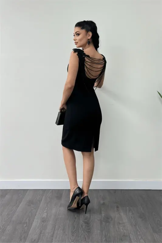 Crepe Fabric Back Beaded Pencil Dress - BLACK - 8