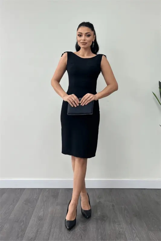 Crepe Fabric Back Beaded Pencil Dress - BLACK - 1