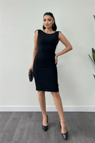 Crepe Fabric Back Beaded Pencil Dress - BLACK - BÜYÜKBEDENIZ (1)