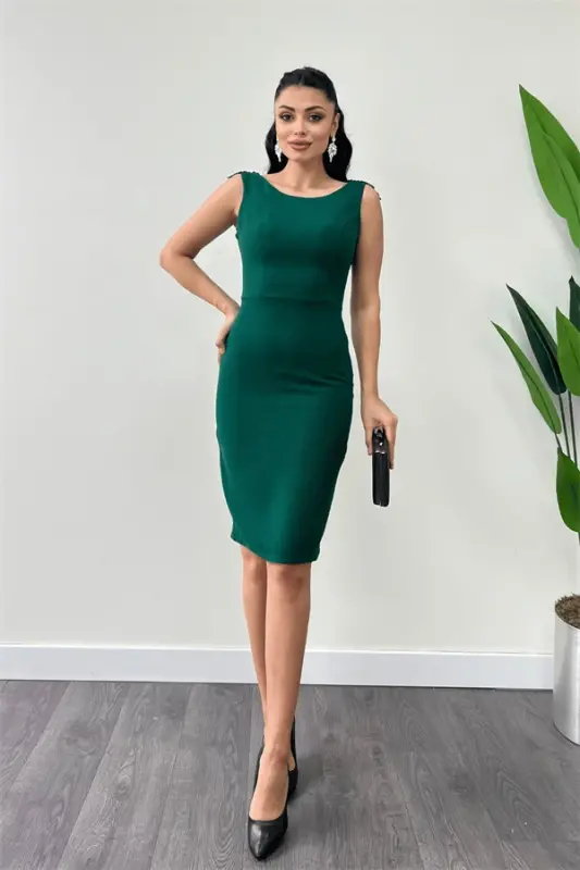 Crepe Fabric Back Beaded Pencil Dress - EMERALD GREEN - 1