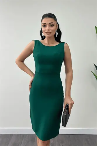 Crepe Fabric Back Beaded Pencil Dress - EMERALD GREEN - 3