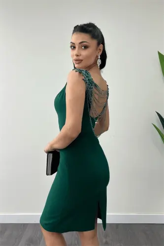 Crepe Fabric Back Beaded Pencil Dress - EMERALD GREEN - 4