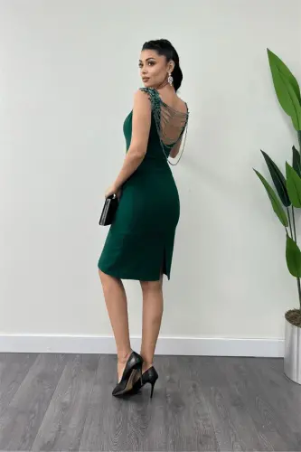 Crepe Fabric Back Beaded Pencil Dress - EMERALD GREEN - 5