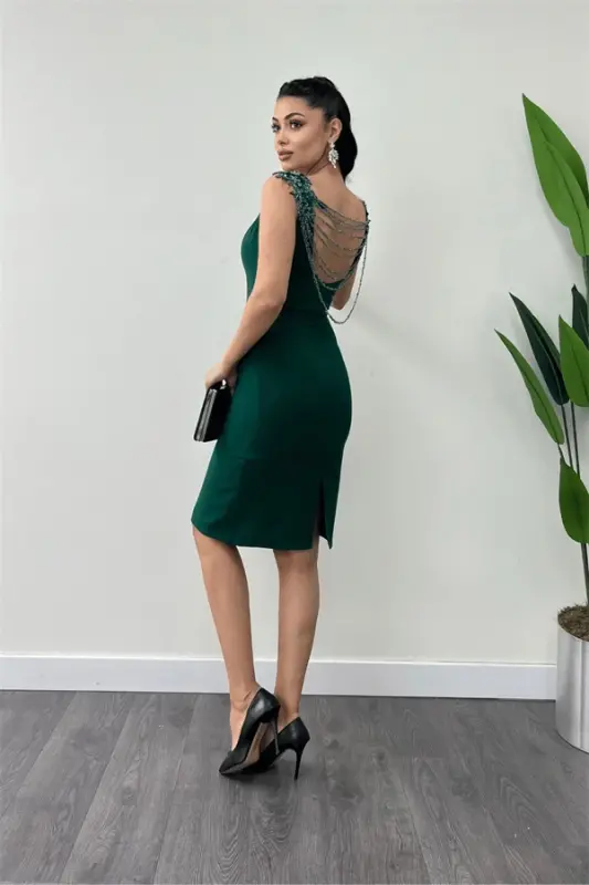 Crepe Fabric Back Beaded Pencil Dress - EMERALD GREEN - 5