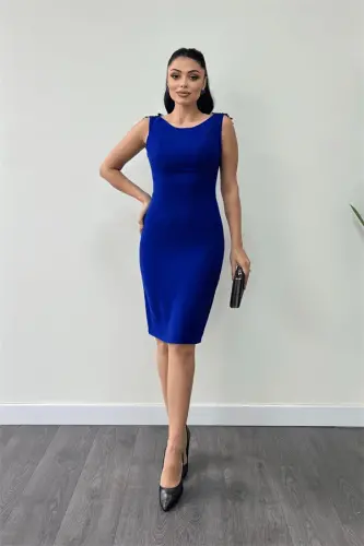 Crepe Fabric Back Beaded Pencil Dress - SAXE BLUE - 1