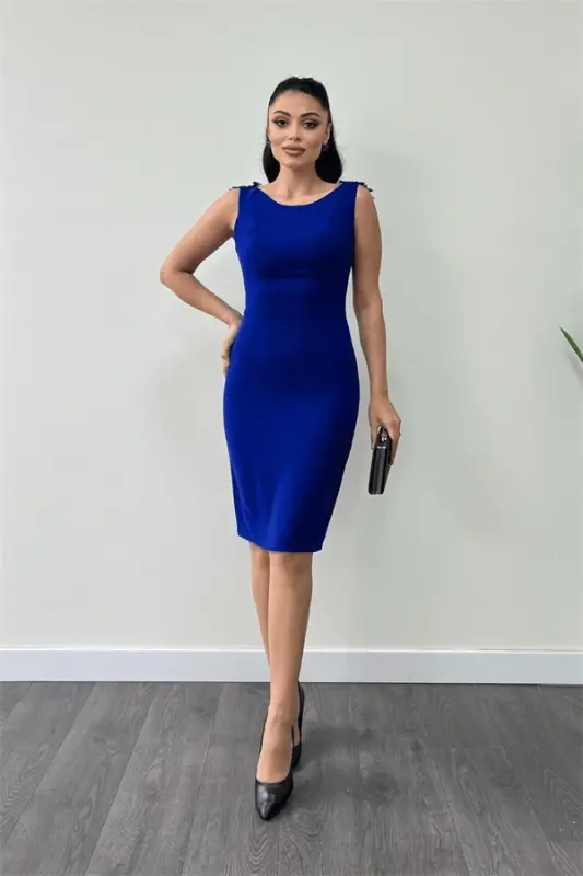 Crepe Fabric Back Beaded Pencil Dress - SAXE BLUE - BÜYÜKBEDENIZ