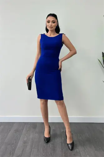 Crepe Fabric Back Beaded Pencil Dress - SAXE BLUE - BÜYÜKBEDENIZ (1)